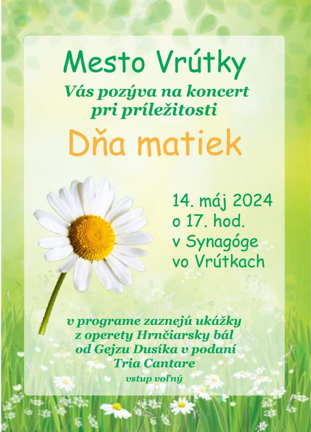 Srdečne Vás pozývame na koncert pri príležitosti Dňa matiek, ktorý sa uskutoční v utorok 14. mája 2024 o 17. hod. v synagóge